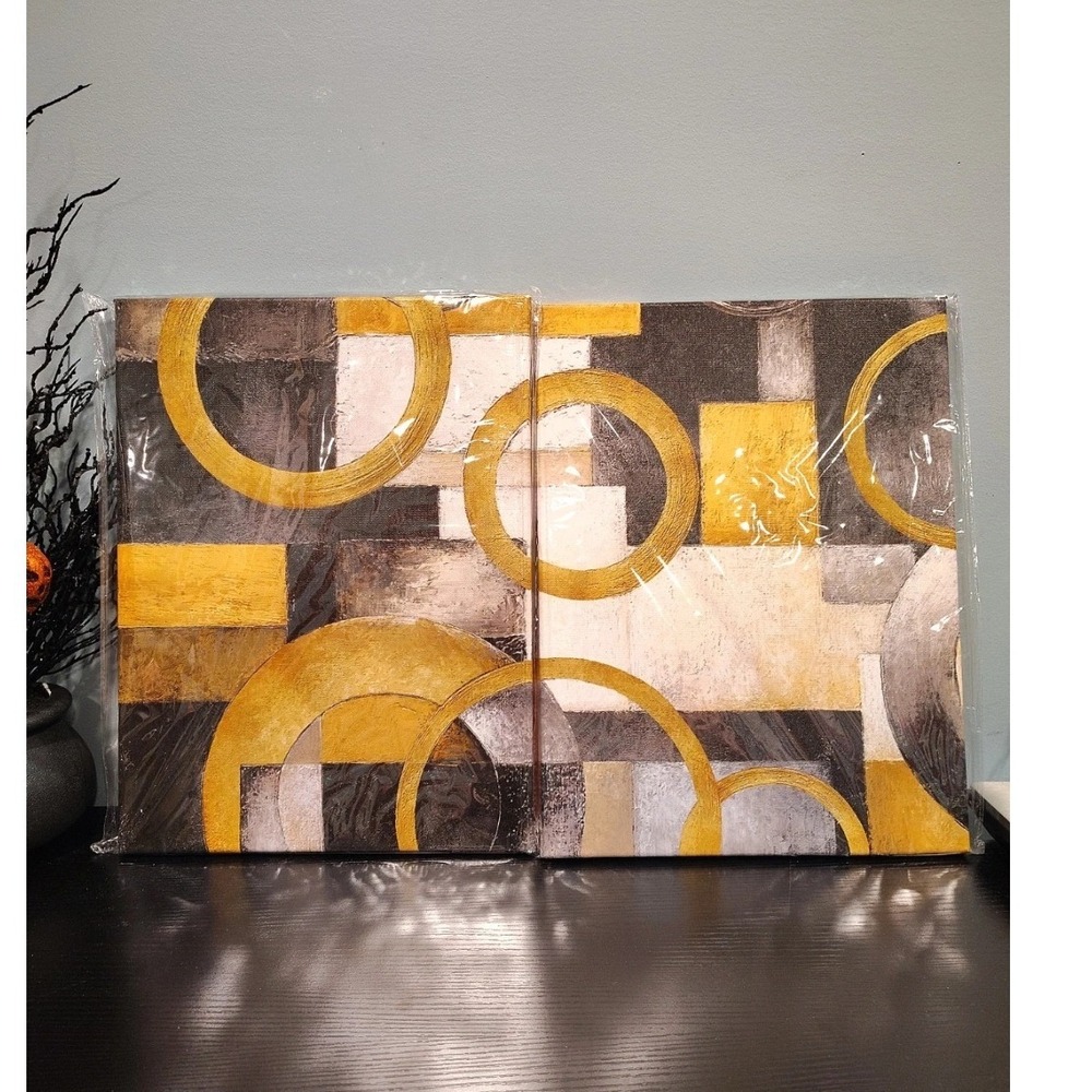 2 Piece Abstract Geometric Canvas Wall Art Gold Grey Black White Circles Set